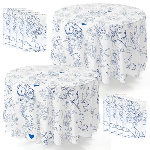 Image of Ganeen 6 Pcs Something Blue Tablecloth I Do Blue Floral Round Tablecloths Bridal Shower Bachelorette Party Decorations Plastic Round Table Covers for Wedding Bridal Shower Home Party Decoration