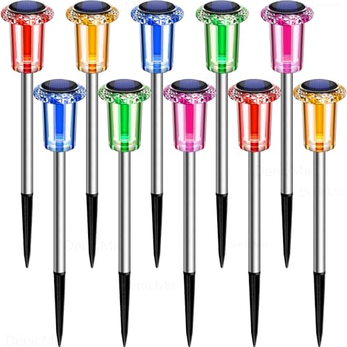 Image of DenicMic Outdoor Solar Lights Waterproof 10 Pack Color LED Christmas Decor | Pathway Yard Garden Driveway Landscape Path Lighting - Candy Cane Style Starburst Light Pattern, Acrylic /Stainless Steel
