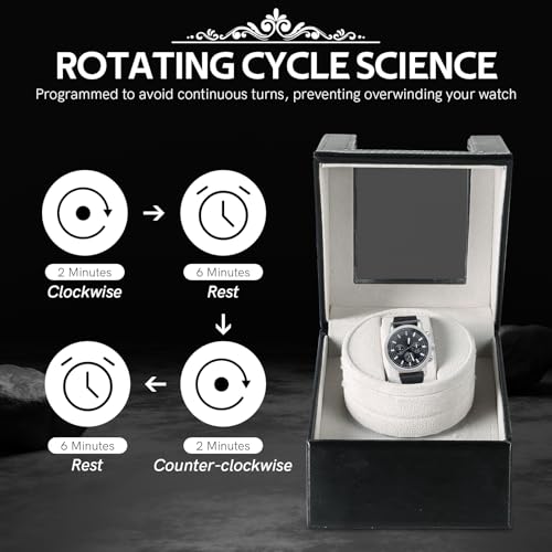 MYFULLY Automatic Single Watch Winder in Black Leather with Quiet Motor Watch Display Case Storage Box Fits Lady and Man Automatic Watch, AC Adapter or Battery Powered - Thumbnail 6