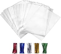 XLSFPY 100 Clear Cellophane Treat Bags 4x6 with 100 Colored Twist Ties - 1.4 Mil Thick Food-Grade OPP for Candy, Cookies, Gifts