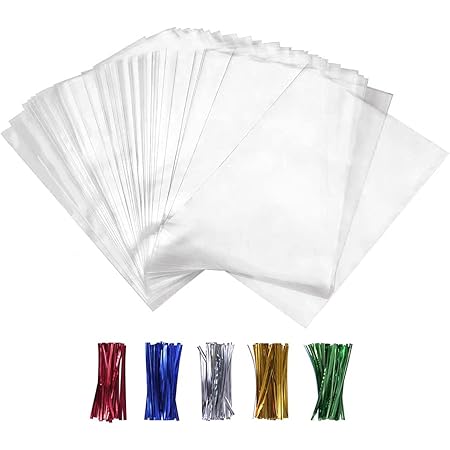 XLSFPY 100PCS Cellophane Bags Clear Plastic Cello Bags 4x6 with 4" Twist Ties 5 Mix Colors - 1.4 mils Thick OPP Treat Bags for Gift Wrapping Packaging Decorations Storage (4'' x 6'')