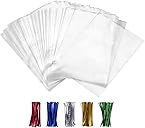 XLSFPY 100PCS Cellophane Bags Clear Plastic Cello Bags 4x6 with 4" Twist Ties 5 Mix Colors - 1.4 mils Thick OPP Treat Bags for Gift Wrapping Packaging Decorations Storage (4'' x 6'')