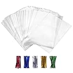 XLSFPY 100PCS Cellophane Bags Clear Plastic Cello Bags 4x6 with 4 Twist Ties 5 Mix Colors - 1.4 mils Thick OPP Treat Bags for Gift Wrapping Packaging Decorations Storage (4\'\' x 6\'\')