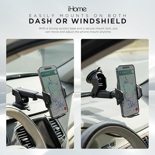 Image of iHome Car Mount, Dashboard /Windshield /Vent Mount, Swivel Neck, Silicone Grip, Adjustable Mount Arm with Suction Cup Base (Extendable Car Mount)