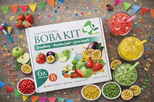 Bobo4T Bubble Tea SET B – Erdbeer-, Grüner Apfel- & Passionsfrucht Bobas + Fruchtsirup | Komplett Set für 6 Drinks | Einzeln verpackt für maximale Frische | Jasmin Grüner Tee Pulver