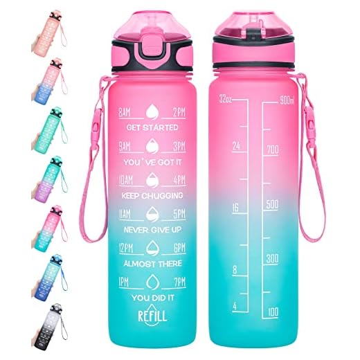 32oz Sports Water Bottle with Motivational Time Marker&Straw, BPA Free&Non-Toxic Tritain,LeakProof Drinking Water Bottle & 1-Click Open to Ensure You Drink Enough Water Throughout the Day (Ombre: Sorbet)