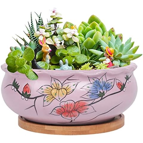 8 Inch Succulent Planter Ceramic Hand-Painted Planter Flower Pot Indoor with Bamboo Tray Light Pink Cover
