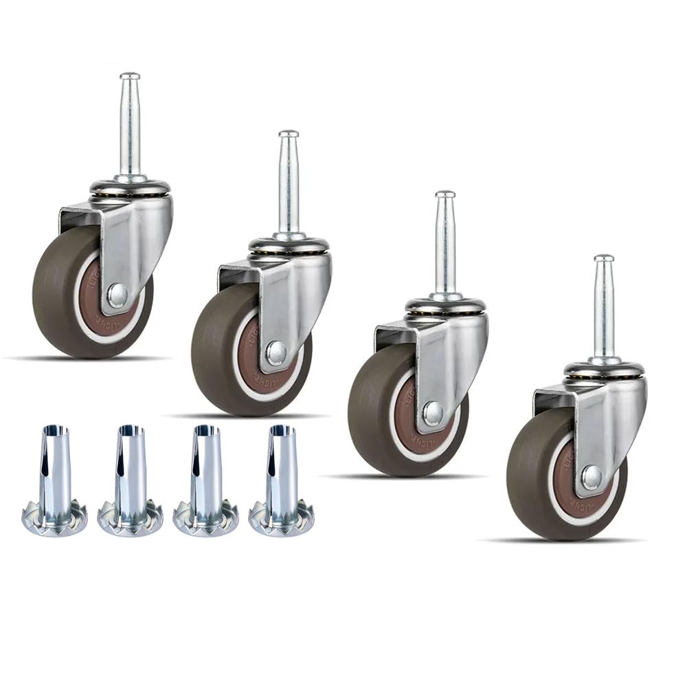 NERILEE Rubber Caster Wheel 1.5 Inch Set of 4 Stem Casters 5/16" x 1-1/2" (8 x 38mm) Stem and 20mm Dia Sockets, for Furniture Crib Trolley Dining Car