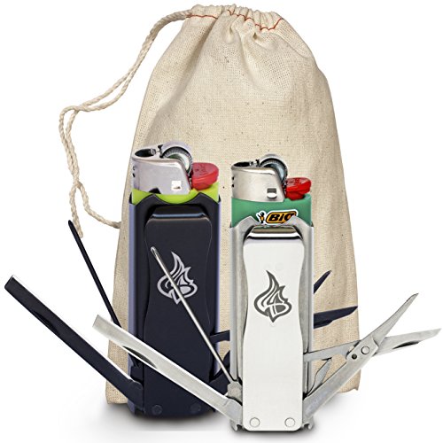 LighterBro Stainless Steel Lighter Sleeve Set (2 Pack) Cool Lighters Case with Multi-Tool & Survival Tool, Cool Gadgets - Compatible with Clipper & BIC Lighters (Steel Stealth & Icon Silver)