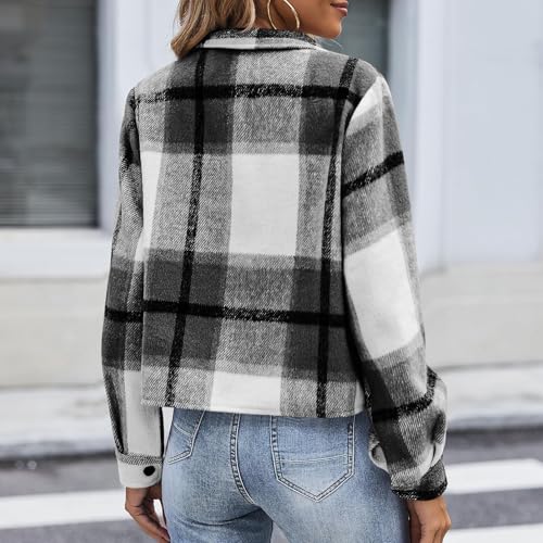 Cropped Shacket for Women Plaid Flannel Jacket Long Sleeve Button Down Cardigan Fashion Checkered Jacket with Pockets4