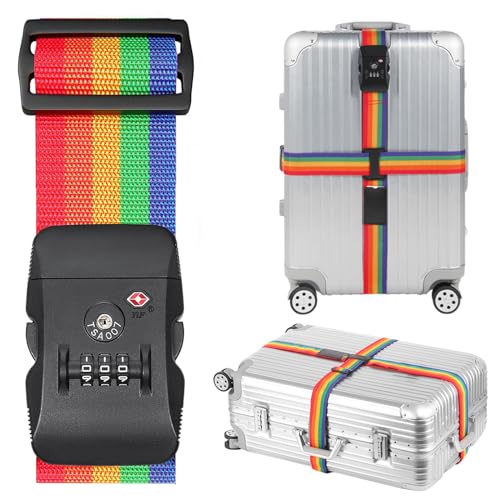 Preisvergleich Produktbild Koffergurt Premium, Besonders Auffällig Regenbogenstreifen Kofferband mit Kreuzverbindung, TSA Koffergurt mit Zahlenschloss,Sicherheit Koffergurt für Geschäftsreisen, Reisen und Schule