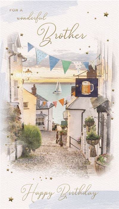 Wonderful Brother' Birthday Card - Coastal Fishing Village Scene Embossed with Foil - Made in the UK by International Cards & Gifts