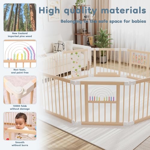 Foldable Wooden Baby Playpen Activity Center,Adjustable Size & Shape Portable Play Yard, Baby Fence Play Area with Gate for Indoor Use for Babies and Toddlers(82x55x24inches)