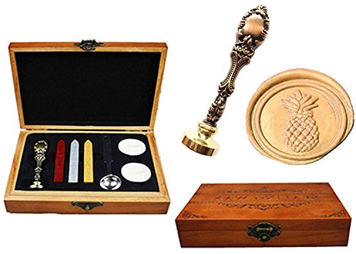 MNYR Vintage Pineapple Fruit Nature Decorative Luxury Wood Box Red Brass Metal Peacock Wedding Invitations Gift Card Paper Stationary Envelope Custom Wax Seal Sealing Stamp Stick Melting Spoon Box Set
