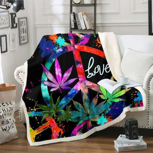 Hippie Peace Art Blanket Cannabis Leaves Flannel Blanket Peace Sign Bed Blanket for Kids Boys Girls Colorful Tie Dye Marijuana Leaf Sherpa Blanket Rainbow Marijuana Weed Leaf Throw Blanket Baby 30x40