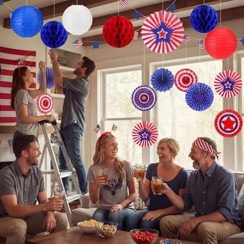 Image of Retisee 18 Pcs 4th of July Party Decorations Patriotic Independence Day Hanging Decorations Paper Lanterns Red White Blue 250th Anniversary Fan Honeycomb for Memorial Day Veterans Party Ornament