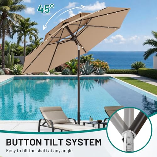 Image of AreShark 9ft 2 Tiers Patio Umbrella with Solar Lights, Outdoor Umbrella w / 32 LED Lights&8 Sturdy Ribs, Table Umbrella for Deck, Backyard, Pool(Beige)