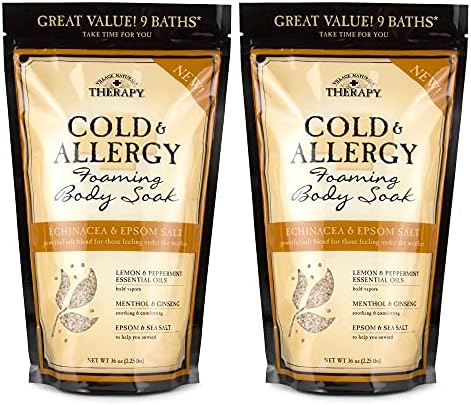Village Naturals Therapy Cold & Allergy Foaming Body Soak, Epsom Salt, Essential Oils, Soothing Bubbles, Sea Salt 36 oz, Pack of 2