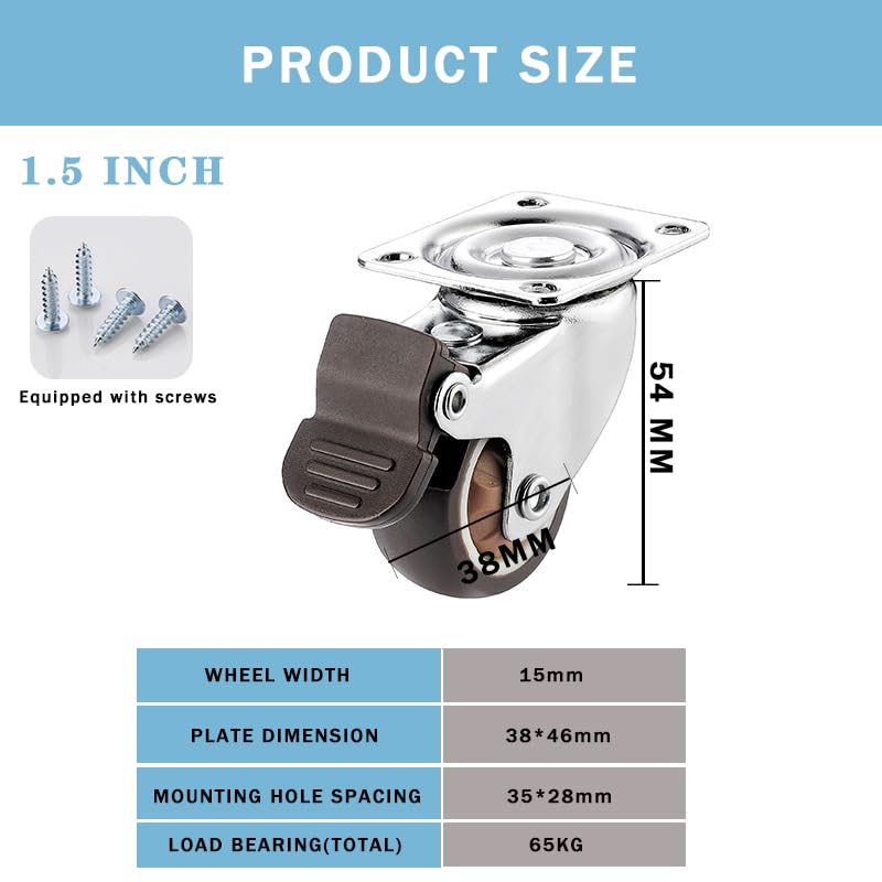 Miniatura 6 de Ruedas giratorias de 1.5 pulgadas, ruedas giratorias para muebles y carrito de banco de trabajo, juego de 4 (2 con frenos y 2 sin), vienen con