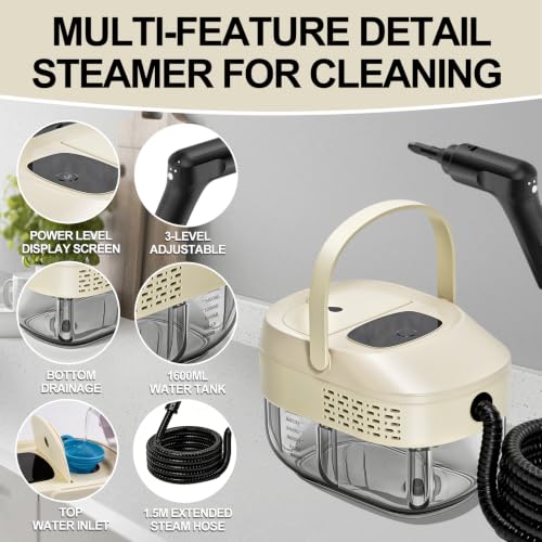Image of 2500W Handheld Steam Cleaner, 3 Bar 221F High Temperature Steam, 15s Fast Heat-Up, 1.6L Water Tank, 3 Adjustable Steam Levels. Ideal for Kitchens, Sofas, Hard Floors, Tiles & Car Interiors【Cream】