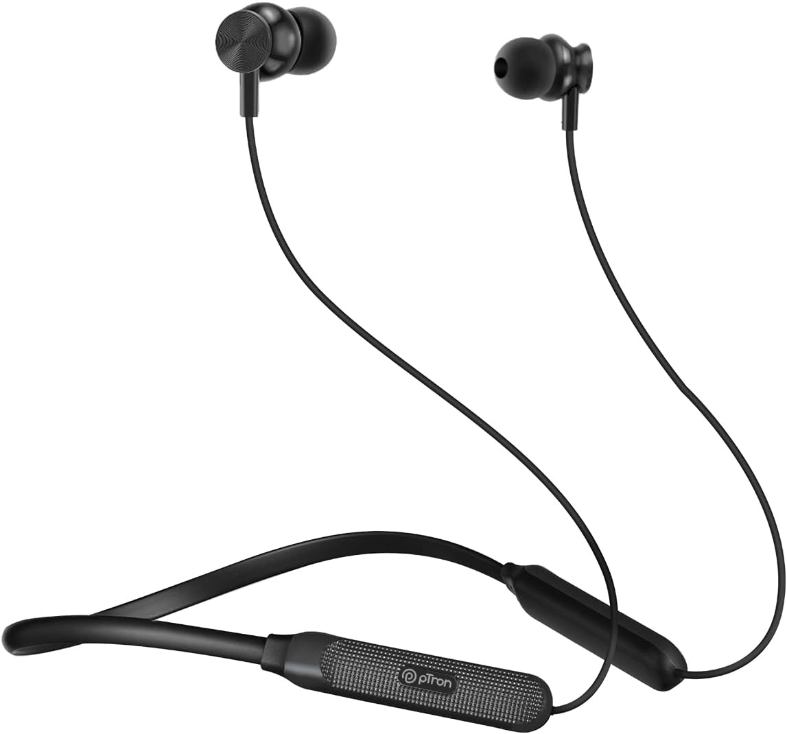 pTron Tangent Duo in Ear Wireless Headphones with Mic, 13mm Driver, Bluetooth V5.2, Dual Device Pairing, Fast Charging Type-C Wireless Neckband, Voice Assistant & IPX4 Water Resistant (Jet Black)