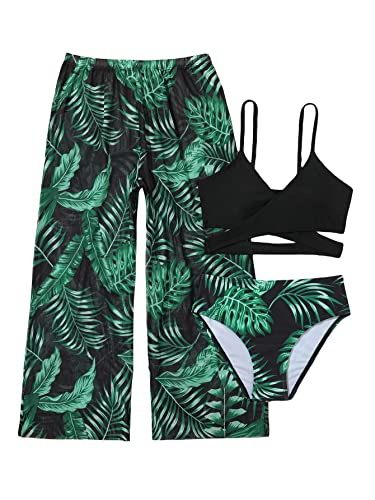OYOANGLE Girl's 3 Piece Swimsuit Butterfly Print Criss Cross Bikini Set Bathing Suit with Mesh Pants