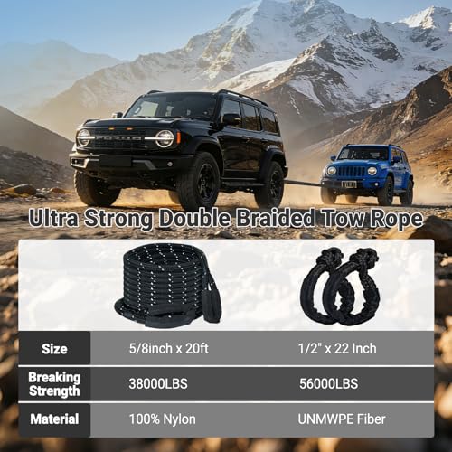 Image of Kinetic Recovery Tow Rope 5 /8 inch x 20ft, 38000lbs Snatch Strap,Heavy Duty Stretch Nylon Towing Ropes with 2pcs Soft Shackles for Offroad Vehicle,Jeep, SUV, ATV, UTV