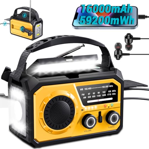 Radio meteorológica de emergencia de 16000 mAh, radio de manivela, radio solar a pilas, radio portátil AM/Fm/Wb NOAA con Bluetooth, cargador de teléfono, alarma SOS, brújula, linterna, lámpara de
