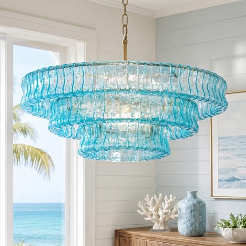 Maxax 32-Inch Blue Glass Tiered Chandelier, Modern Coastal Gold Hanging Pendant Light, Artistic Ocean-Inspired Fixture for Living Room, Dining Area
