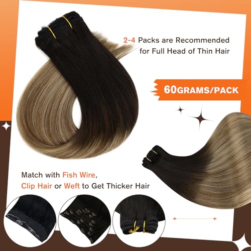 Image of Full Shine Real Hair Clip in Extensions 20 Inch Clip in Hair Extensions Balayage Black Ombre to Blonde Mix Brown Remy Soft Hair Lace Weft Long Straight Hair 3 PCS 60 Grams