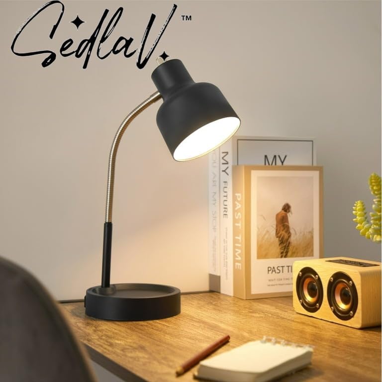 SEDLAV LED Desk Lamp with Catch-All Base & AC Outlet, Matte Black - Illuminate, Organize, and Charge Seamlessly