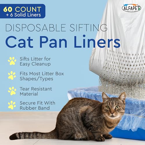 Cat Litter Box Sifting Liners Alfapet - Extra Giant 60 Count - Tear-Resistant Cat Litter Bags - Waterproof Kitty Litter Liners - Fits Almost All Litterbox Pan Sizes, 40" x 38", 30 lb Capacity
