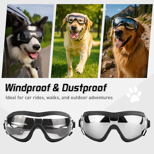 Fohuanky Hundebrille für mittelgroße und große Rassen, Verstellbarer Riemen, UV-Schutz, Brille für Golden Retriever, Labrador, Deutscher Schäferhund, Boxer (Transparent)
