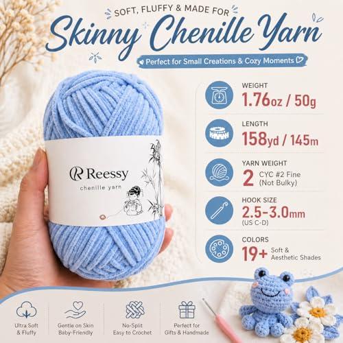 Image of Skinny Chenille Yarn for Crocheting - 12 Pack Soft Matte Fine Chenille, 50g /158yd Each (1896yd Total), CYC #2 Baby Blanket Yarn for Plush Toys, Blankets & Large Projects(Blue Mix)