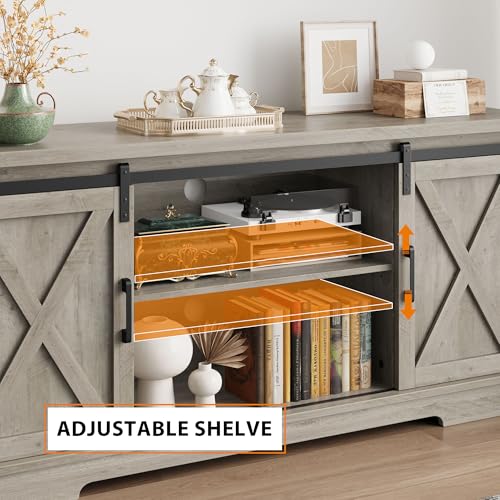 IDEALHOUSE Farmhouse TV Stand for 65-Inch TVs, Storage and Sliding Barn Doors, Grey