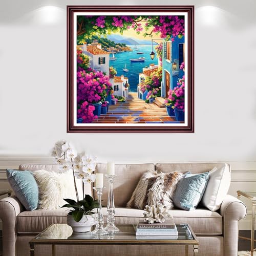 Image of Redxing Stamped Cross Stitch Kits Full Range of Embroidery Starter Kits- Needlepoint Counted Cross Stitch Kits for Beginner Adults 11CT Printed Embroidery Kit-Seaside Floral Scenery 18x18 inch