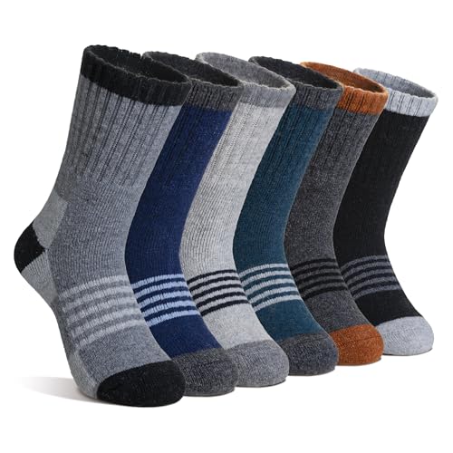 Velice Kids Merino Wool Hiking Socks Toddler Boys Girls Winter Warm Thermal Thick Cushion Crew Boot Socks 6 Pairs(Black/Grey/Blue, 13-15 Years)