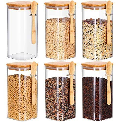 Image of Glass Jars with Airtight Bamboo Lid and Spoon1200ml Kitchen Food Storage Containers Cereal Dispenser Borosilicate Kitchen Containers for Coffee Beans, Spices, Sugar, Tea, Flour, Nuts, Candy, Salts (1)