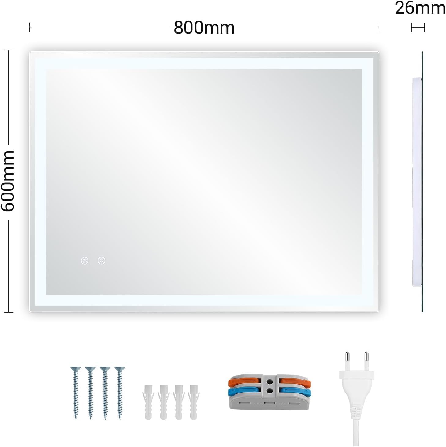 Clevich Badspiegel mit Beleuchtung 80 x 60 cm, LED Spiegel mit 3 Lichtfarben und dimmbar, Touch-Schalter und Beschlagfrei, gehärtetes Glas, Badezimmerspiegel mit Licht