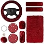 10 Pieces Fluffy Steering Wheel Covers Handbrake Cover Seat Belt Shoulder Pads Gear Shift Cover Diamond Ignition Ring Ball Key Chain Armrest Box Mat (Wine Red)