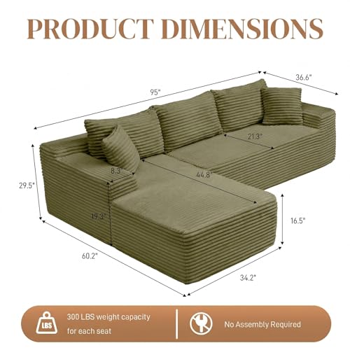 Image of 95 inch L Shaped Cloud Boneless Sectional Couches for Living Room, Modern Comfy Modular Deep Seat Memory Foam Compressed Corduroy Sofa Oversized Left Facing Chaise, No Assembly Required, Green