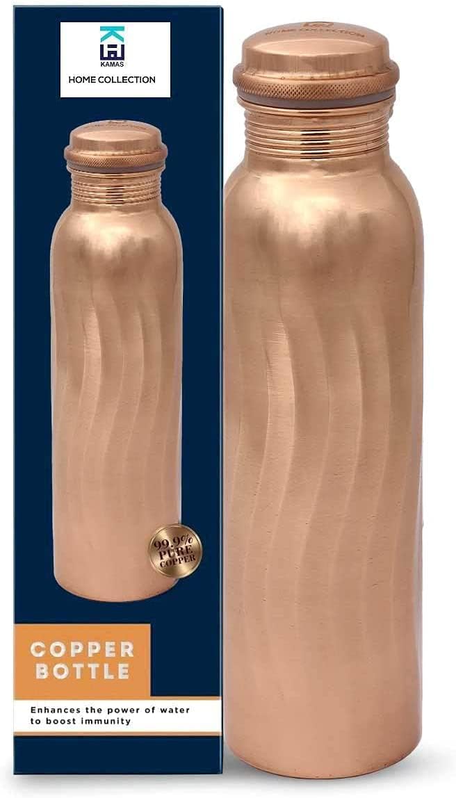 KHC 100% Pure Copper Water Bottle Handcrafted | 34 Oz 1 Litter Copper Water Vessel - Drink More Water Bottle in many Patterns– Large -Leak Proof - Smooth Finish (Wave Polished Copper Bottle)
