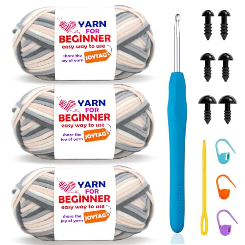 Image of 3 Pack Rainbow Beginner Crochet Yarn for Crocheting Knitting Multicolor Cotton Crochet Yarn for Beginners with Easy-to-See Stitches Cotton-Nylon Blend Easy Yarn for Beginners(Pink White Grey)