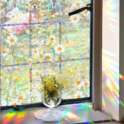 GORGECRAFT 39.4x16.9 Inch Rainbow Window Privacy Film Sun Blocking UV Proof Static Cling 3D Little Daisy Non-Adhesive Stained Window Decals Prism Decorative Static Sticker Coverings for Room Home