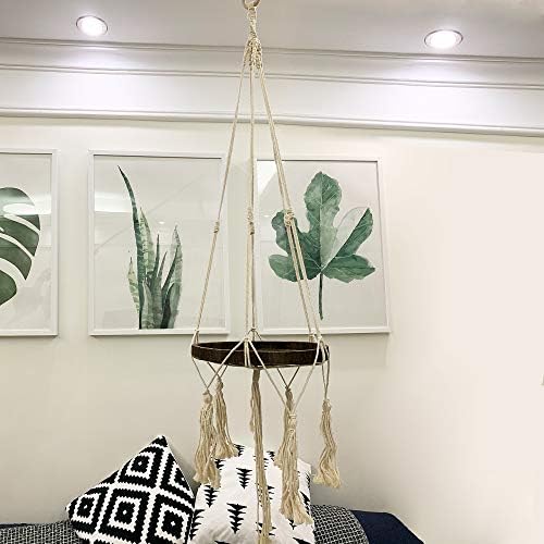 Okasi Shelf Hanging Planter with Decorative Beads,Indoor Plant Hanger Handmande Macrame Rack Flower Pot Holder Boho Home Decor Cotton Rope and Wood Round