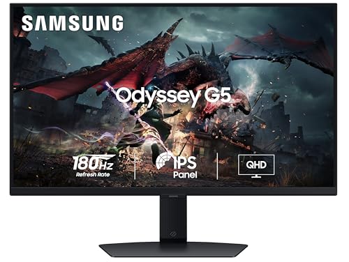 Samsung 27" (68.5cm) Odyssey G5 Fast IPS 2K Gaming Monitor|QHD 2560 x 1440|180 Hz|1ms|350nits|HDR 400|AMD FreeSync|Ports-DP,HDMI,Headphone|Height-Tilt-Pivot Adjustable Stand|LS27DG502EWXXL|Black