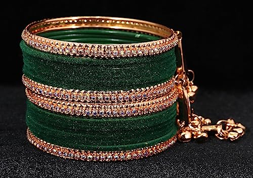 Image of NMII Metal with Zircon Gemstone and Velvet Studded Bells Latkan Bangles Set For Girls and Women I Latkan Bangles, Premium Bangle Bracelet Set I Pack of 16 Bangles