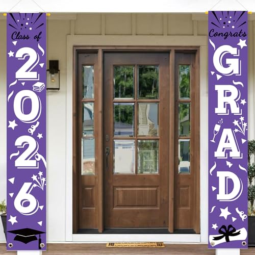 Image of Graduation Porch Banner Class Sign Congrats Grad Hanging Flags High School College University Party Decoration For Front Door Outdoor Purple White