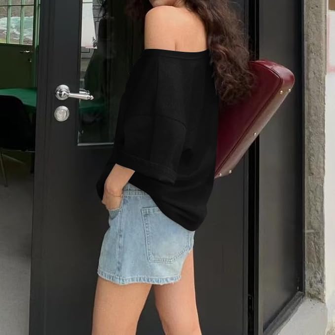 Off The Shoulder Tops for Women Short Sleeve Y2K Jersey Number Graphic Oversized Tshirts E-Girl Tees - Image 4