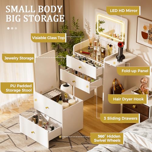 Image of COMHOMA Makeup Vanity Desk with Mirror and Lights, Small 3 in 1 Vanity Table with Visible Glass Top, Flip Top & 3 Drawers, Compact Dressing with Storage Stool for Room or Office